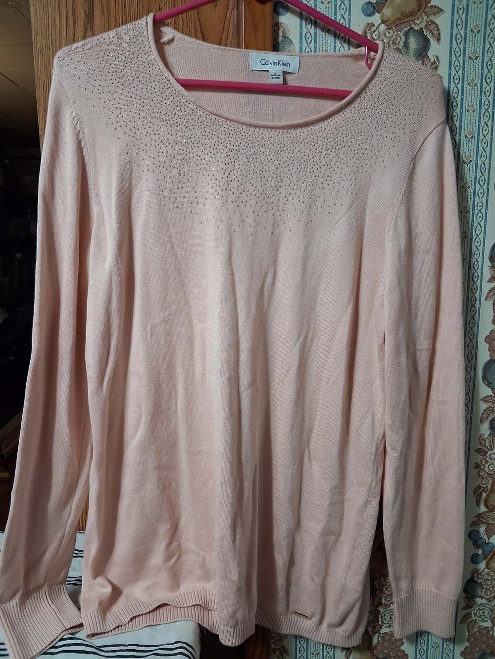 Calvin Klein Women's Blush Pink Long-Sleeve Rhinestone Sweater